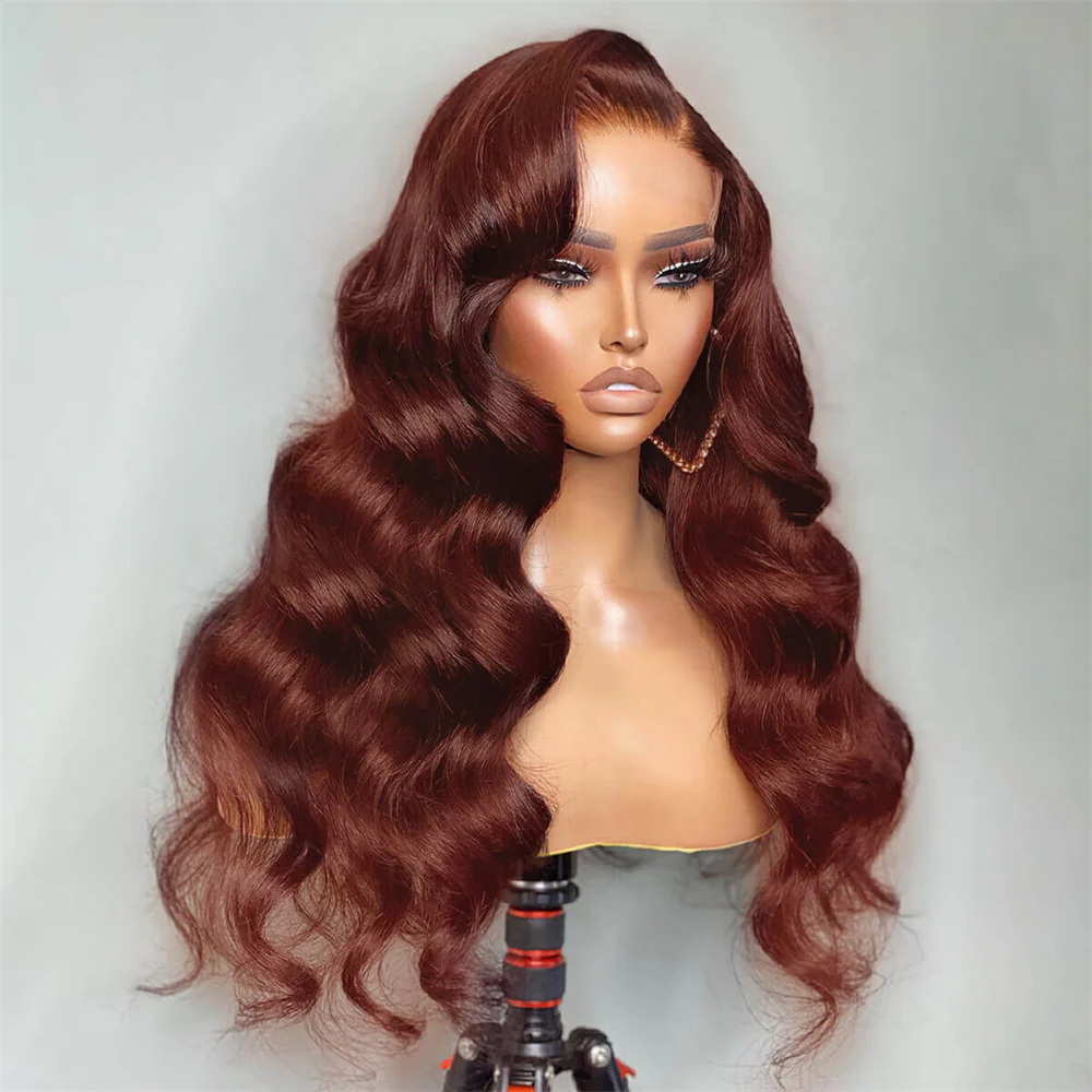 Pizazz 13x6 Full Lace Reddish Brown Human Hair Wigs Body Wave Dark Red Brown Parting Max Wigs Pre Plucked Natural Hairline - Image 4