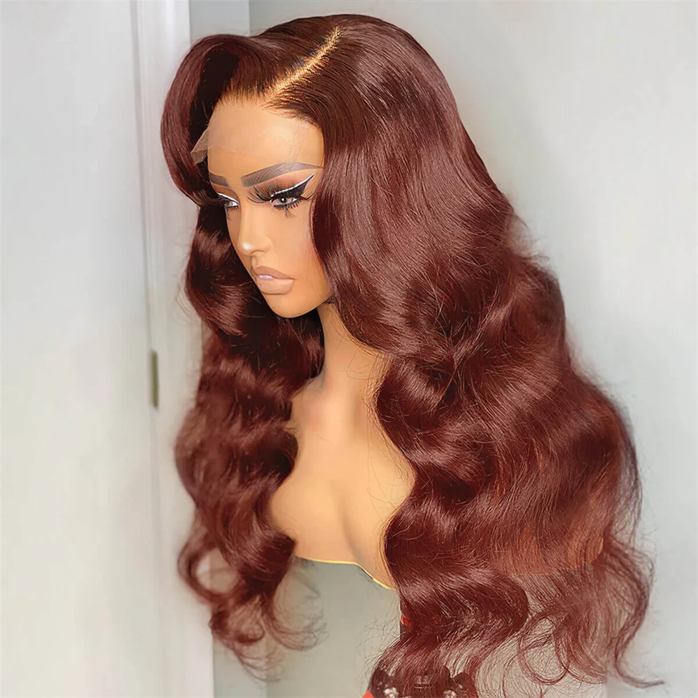 Pizazz 13x6 Full Lace Reddish Brown Human Hair Wigs Body Wave Dark Red Brown Parting Max Wigs Pre Plucked Natural Hairline - Image 5