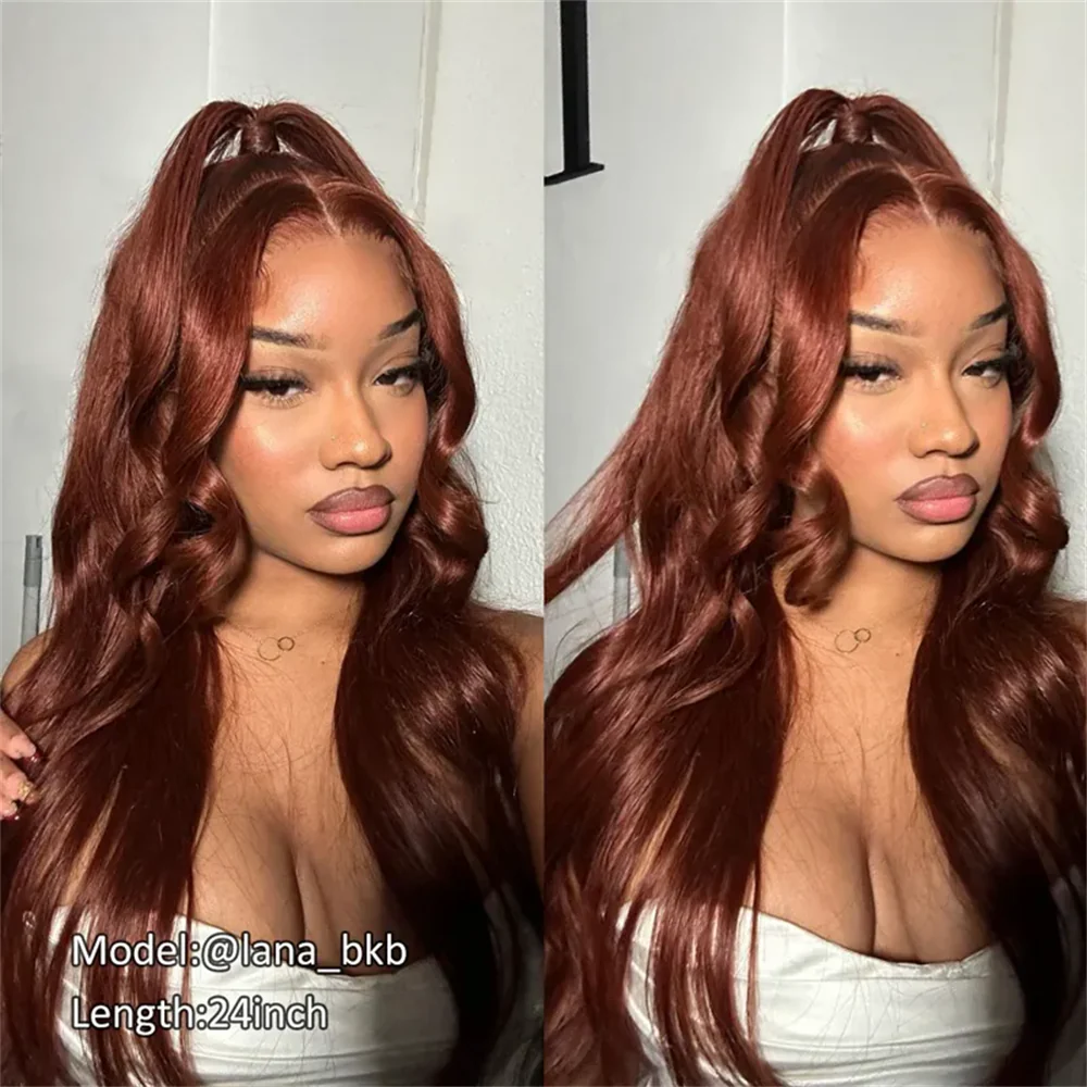 Pizazz 13x6 Full Lace Reddish Brown Human Hair Wigs Body Wave Dark Red Brown Parting Max Wigs Pre Plucked Natural Hairline - Image 6