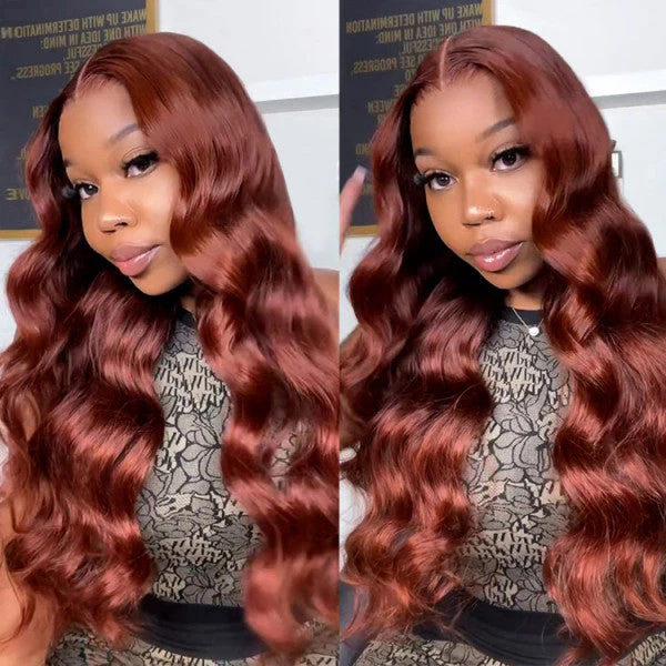 Pizazz 13x6 Full Lace Reddish Brown Human Hair Wigs Body Wave Dark Red Brown Parting Max Wigs Pre Plucked Natural Hairline - Image 7