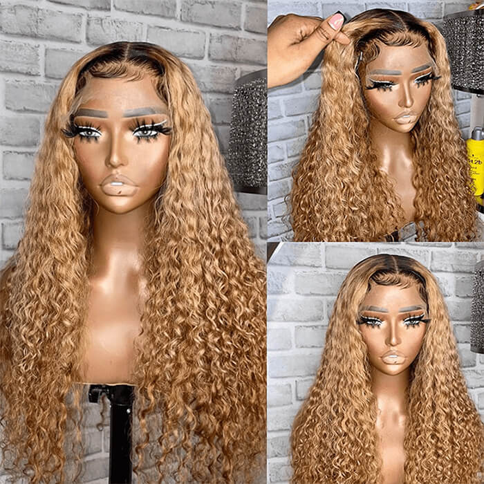 Water Wave #1B/27 Ombre Color Wigs 13x4/4x4 HD Lace Front Human Hair Wigs 150% Density - Image 4