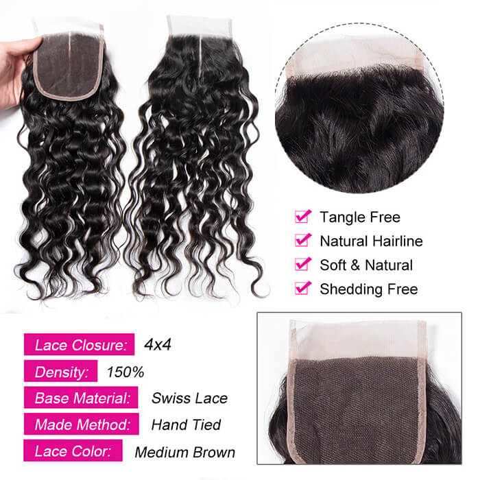 Water Wave 4x4 Transparent Lace Closure Remy Human Hair Free/Middle Part Closure 150% Density - Image 4