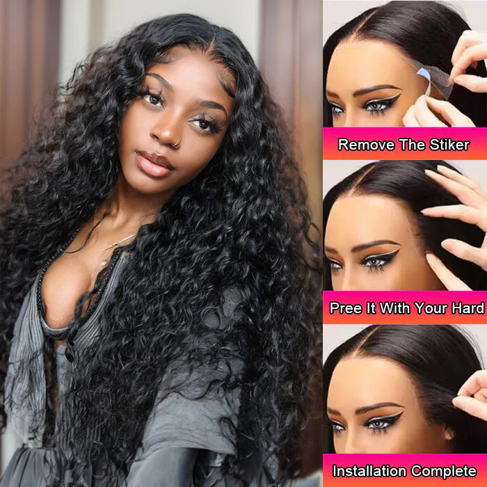 Invisible Knots Wig 8x5 Pre-Everything Glueless Lace Wigs Water Wave Wig With Ear Tapes Black Wigs - Image 3